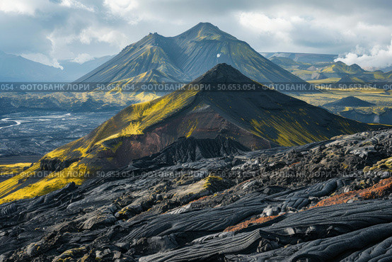 Volcanic landscape with yellow moss covering black solidified lava. Стоковое AI-изображение, AI-художник Иван Рябоконь / Фотобанк Лори