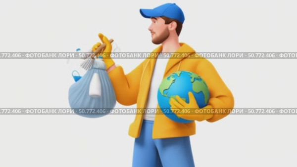 Volunteer holding earth globe and trash bag, environmental protection. Стоковое AI-видео, аниматор Юрий Поздников / Фотобанк Лори