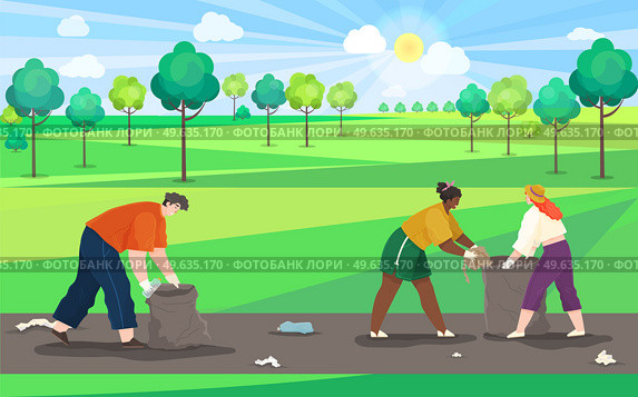 Volunteers are cleaning park. People volunteering collect garbage on contaminated area of country road polluted with plastic and paper waste. Characters are throwing trash out of town in spring. People collect garbage on contaminated area of country road polluted with plastic and paper waste. Стоковая иллюстрация, агентство Ingram Publishing / Фотобанк Лори
