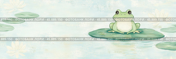 Восхитительная весенняя сцена с лягушкой на лилии: чарующая красота природы в спокойной обстановке у воды. Стоковое AI-изображение, AI-художник ФотоИнтеллект / Фотобанк Лори