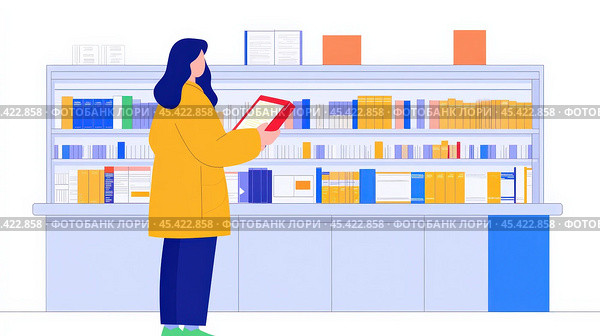 Восторженная женщина просматривает весенние книги в книжном магазине. Стоковое AI-изображение, AI-художник ФотоИнтеллект / Фотобанк Лори