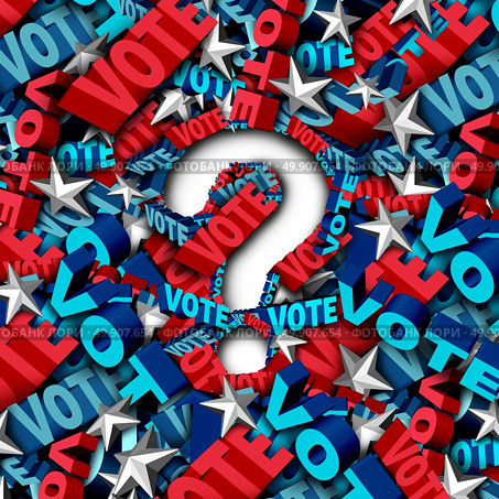 Vote election question as a symbol for an American government campaign to decide the choice in a candidate for president or senator or congress as a ballot decision icon as a 3D illustration. Стоковое фото, агентство Ingram Publishing / Фотобанк Лори