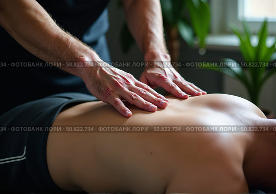 Врач-массажист делает лечебный массаж. A massage therapist performs therapeutic massages. Стоковое AI-изображение, AI-художник Смирнова Светлана / Фотобанк Лори