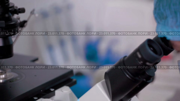 Врач работает с микроскопом в лаборатории репродуктивной медицины. Стоковое видео, видеограф Илья Насакин / Фотобанк Лори