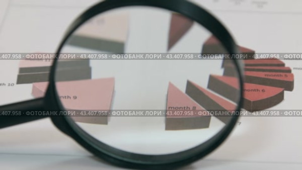 Вращение увеличительного стекла и оптическое искажение красной диаграммы. Бизнес и аналитика. Rotation of the magnifying glass and optical distortion of the red diagram. Business and analysis. Стоковое видео, видеограф Александр Собко / Фотобанк Лори