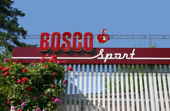 Вывеска компании Bosco Sport («Боско Спорт») над пунктом проката велосипедов и другого спортинвентаря. Москва, ВДНХ (2016 год). Редакционное фото, фотограф Щеголева Ольга / Фотобанк Лори