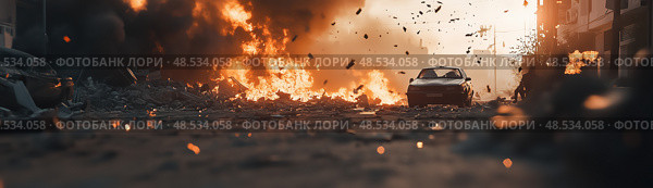 Взрыв на городской улице. Стоковое AI-изображение, AI-художник Александр Жуков / Фотобанк Лори