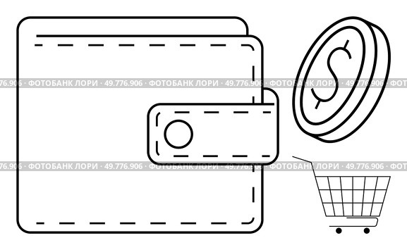 Wallet with a flap, coin marked with a dollar sign, and a shopping cart. Ideal for themes like personal finance, saving money, budgeting, shopping, and economic management. Simple line art. Minimalistic Wallet with Coin and Shopping Cart Symbolizing Finances and Shopping. Стоковая иллюстрация, агентство Ingram Publishing / Фотобанк Лори