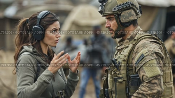 War correspondent interviewing soldier in war zone. Стоковое AI-видео, аниматор Юрий Поздников / Фотобанк Лори