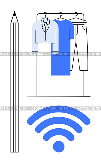 Wardrobe with hanging clothes beside a pencil and a blue wireless signal. Ideal for fashion, technology integration, creativity, modern lifestyle, remote work, design, smart home. Line metaphor. Connected Clothing Wardrobe with Wireless and Creativity Concept Illustrated by Clothing and Pencil. Стоковая иллюстрация, агентство Ingram Publishing / Фотобанк Лори