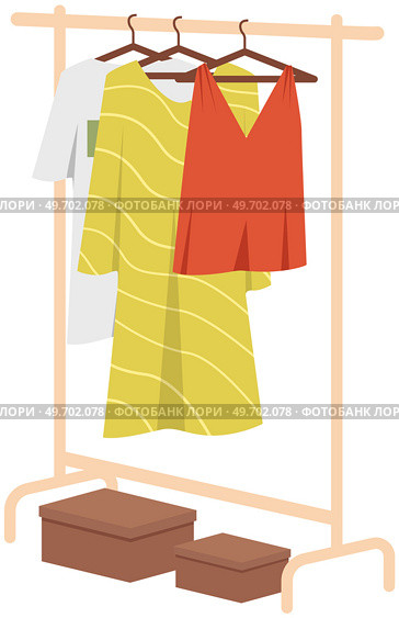Wardrobe, womens clothing on stand in dressing room. Choosing clothes, garments for outfit concept. Hanger for home or boutique interior. Colored dresses on hangers for fitting room or showroom. Wardrobe, womens clothing on stand in dressing room. Choosing clothes, garments for outfit concept. Стоковая иллюстрация, агентство Ingram Publishing / Фотобанк Лори