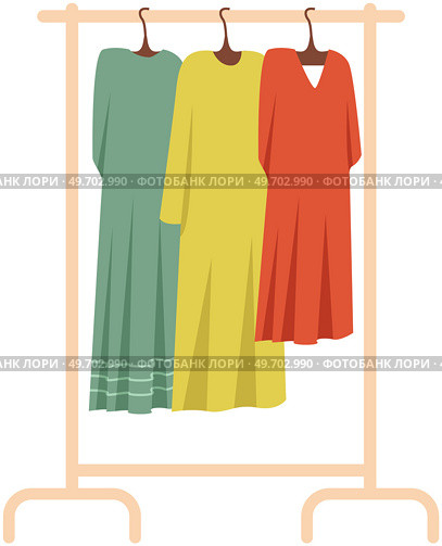 Wardrobe, womens clothing on stand in dressing room. Choosing clothes, garments for outfit concept. Hanger for home or boutique interior. Colored dresses on hangers for fitting room or showroom. Wardrobe, womens clothing on stand in dressing room. Choosing clothes, garments for outfit concept. Стоковая иллюстрация, агентство Ingram Publishing / Фотобанк Лори