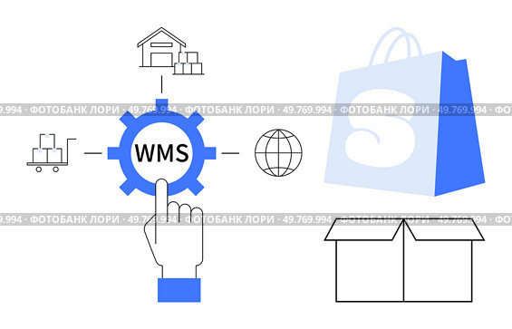 Warehouse, shipping cart, globe, finger pressing WMS gear, shopping bag, closed box Ideal for warehouse management, e-commerce, logistics, shipping, inventory control. Simple flat design. Warehouse Management System Components Featuring Online Shopping, Shipping, and Storage. Стоковая иллюстрация, агентство Ingram Publishing / Фотобанк Лори