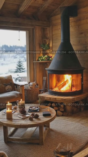 Warm fireplace burning in cozy mountain chalet living room. Стоковое AI-видео, аниматор Юрий Поздников / Фотобанк Лори