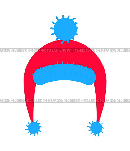 Warm knitted pink hat with blue pompom and ears vector illustration isolated on white.Wintertime headwear icon, modern cloth headgear accessory. Warm Knitted Pink Hat with Blue Pompom and Ears. Стоковая иллюстрация, агентство Ingram Publishing / Фотобанк Лори