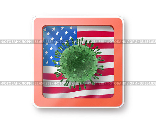Warning sign with molecula of Coronavirus on the American flag. Стоковая иллюстрация, иллюстратор Ярослав Данильченко / Фотобанк Лори