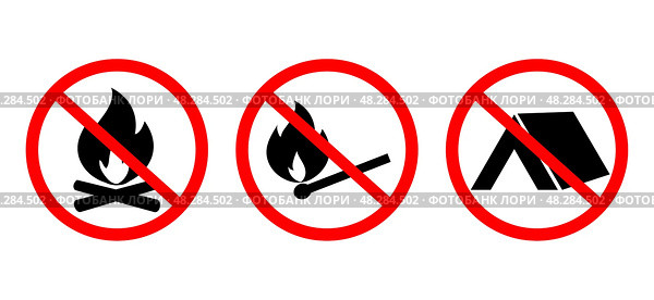 Warning signs against open flames and shelter use in camping sites located in grassy areas during dry seasons. Vector Illustration. Стоковая иллюстрация, иллюстратор Наталия Попова / Фотобанк Лори