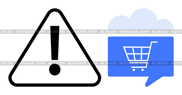 Warning triangle with exclamation mark next to blue shopping cart in a cloud dialog box. Ideal for online shopping alerts, cybersecurity warnings, digital safety tips, user notifications, e-commerce. Warning Triangle Exclamation Mark and Shopping Cart in Cloud Dialog Box Side by Side. Стоковая иллюстрация, агентство Ingram Publishing / Фотобанк Лори