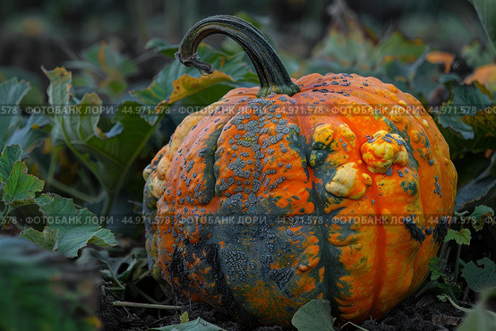 Warty pumpkin growing in pumpkin patch surrounded by green leaves. Стоковое AI-изображение, AI-художник Иван Рябоконь / Фотобанк Лори