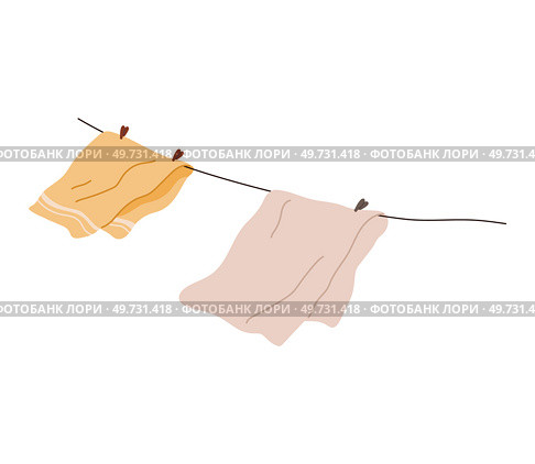 Washed clothes, towels dry outside on stretched rope. Clothing and garment care, housekeeping concept. Professional cleaning of apparel. Drying laundry on clothesline isolated on white background. Washed clothes, towels with pins dry outside on stretched rope. Drying laundry on clothesline. Стоковая иллюстрация, агентство Ingram Publishing / Фотобанк Лори