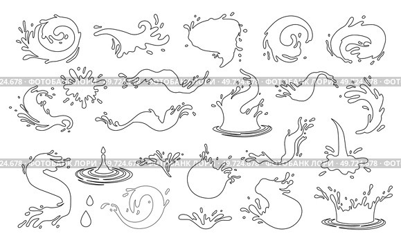 Water and juice splash liquide. Black doodle line. Fresh juice splashed, refreshing display of vibrancy A wave shape, black sea ocean waves stencil A drop shape, fundamental silhouette. Water and juice splash liquide. A water splash, exuberant display of waters dynamic nature Fresh juice splashed, Стоковая иллюстрация, агентство Ingram Publishing / Фотобанк Лори