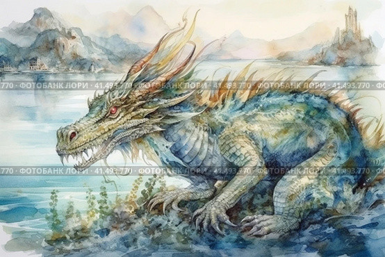 Water dragon splashes in the water against the backdrop of the sea and mountains, illustration, watercolor style, Generative AI. Стоковое AI-изображение, AI-художник Анна Кривицкая / Фотобанк Лори