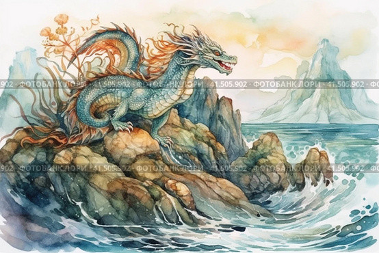 Water dragon splashes in the water against the backdrop of the sea and mountains, illustration, watercolor style, Generative AI. Стоковое AI-изображение, AI-художник Анна Кривицкая / Фотобанк Лори