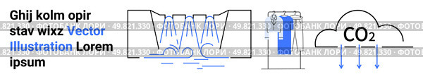 Water jets cleaning surface, blue garments on rack, and CO2 cloud. Ideal for sustainability, eco-friendly, water conservation, technology, cleaning process, textile industry environmental impact. CO2 Cleaning Process with Water Jets and Garment Rack for Sustainable Laundry Solutions. Стоковая иллюстрация, агентство Ingram Publishing / Фотобанк Лори