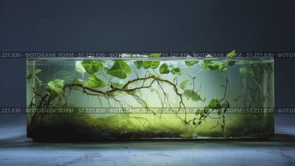 Water tank with transparent glass revealing intricate root system and emerging leaves, depicting plant growth stages against dark background, highlighting botanical development process. Стоковое AI-видео, аниматор Юрий Поздников / Фотобанк Лори