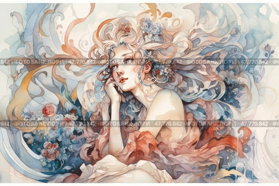Watercolor artistic portrait of a young woman in a romantic, fantastical atmosphere. Her long wavy hair is intertwined with flowers and abstract elements, creating a swirl effect. The soft palette of pastel colors - blue, pink, cream and gold shades - gives the composition an airy and dreamy feel. The woman looks thoughtfully to the side, leaning on her hand, her pose conveys subtle emotionality and inner poetry. The image is perfect for covers, illustrations, posters, themes related to art, fashion, inspiration and femininity. Стоковое AI-изображение, AI-художник Анна Кривицкая / Фотобанк Лори