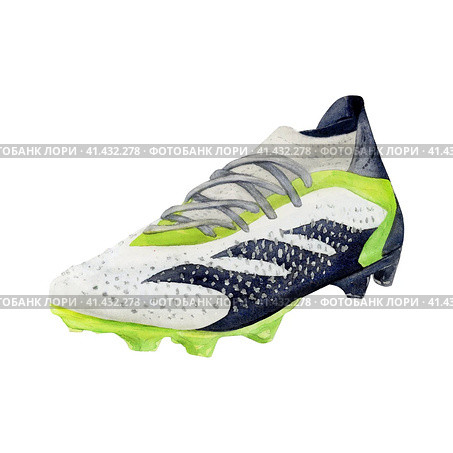 Watercolor drawing of football boots with studding yellow white and black. Scillfully painted illustration isolated on white background. For wallpapers, logo banners icon cards box. Стоковая иллюстрация, иллюстратор Alena Belenova / Фотобанк Лори