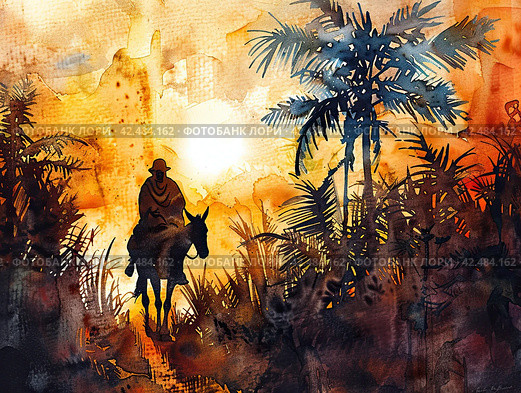 Watercolor drawing on a biblical theme. Jesus Christ on a donkey among palm trees. Стоковое AI-изображение, AI-художник Ярославский Максим / Фотобанк Лори