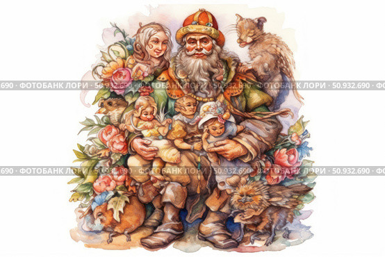 Watercolor illustration in a fairy-tale style: a wise, good-natured old man in bright clothes with a crown, surrounded by children, fantastic animals and flowers. The composition radiates warmth, kindness and an atmosphere of care. Next to the main character are women, children and magical little animals with expressive faces. The illustration is perfect for decorating children's books, greeting cards, posters, board games, and also as a visual image of family and magical stories. Стоковое AI-изображение, AI-художник Анна Кривицкая / Фотобанк Лори