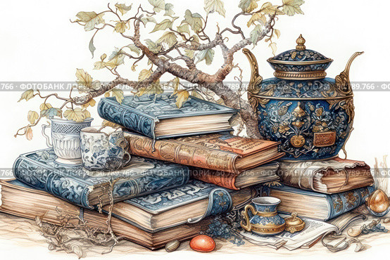 Watercolor illustration in the style of a vintage still life with elements of Victorian aesthetics. In the center of the composition are old books with richly decorated covers, covered with the patina of time, and exquisite painted dishes: cups, a teapot, jugs with an ornament. Branches with yellowed leaves give the image a touch of autumn melancholy. The picture conveys an atmosphere of coziness, antiquity and intellectual heritage, ideal for themes on the topic of reading, classics, coziness, antiques and inspiration. Стоковое AI-изображение, AI-художник Анна Кривицкая / Фотобанк Лори