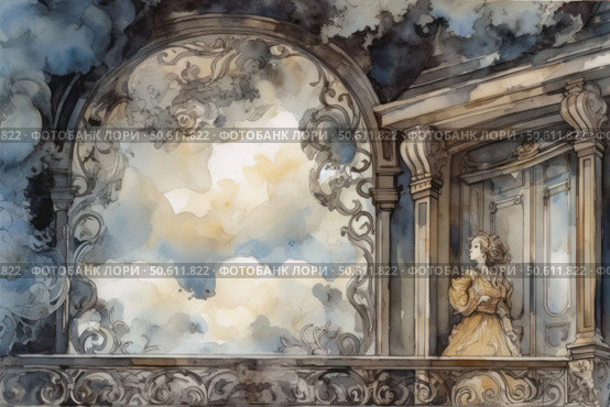 Watercolor illustration in vintage style depicts a young woman in an elegant dress standing on the balcony of an ancient palace. Her gaze is directed to the sky, where light and dark clouds swirl, permeated with soft light. Graceful architecture with carved elements and artistic details enhances the atmosphere of romance, dreaminess and retro aesthetics. Perfect for themes about fairy tales, classical literature, theater, femininity and inspiration. Стоковое AI-изображение, AI-художник Анна Кривицкая / Фотобанк Лори