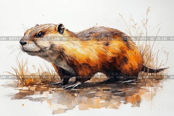 Watercolor illustration of a marmot (or beaver, nutria), done in a realistic style. The animal is depicted in its natural habitat, among dry grass and near water, with soft brown and reddish shades of fur. Light watercolor strokes convey the texture of the fur, creating a feeling of naturalness and harmony with the surrounding space. His gaze is focused and slightly wary, as if he is studying the world around him. Стоковое AI-изображение, AI-художник Анна Кривицкая / Фотобанк Лори