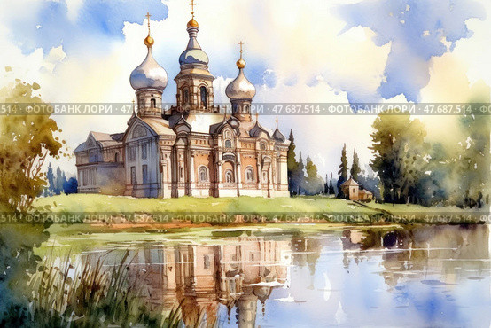 Watercolor illustration of a picturesque Orthodox church with domes, reflected in the calm water of the river. The church is surrounded by green trees and grasses, creating an atmosphere of solitude, spirituality and peace. The blue sky with clouds emphasizes the light and spaciousness of the landscape. The work is done in soft pastel colors and conveys the harmony of nature and architecture. Стоковое AI-изображение, AI-художник Анна Кривицкая / Фотобанк Лори