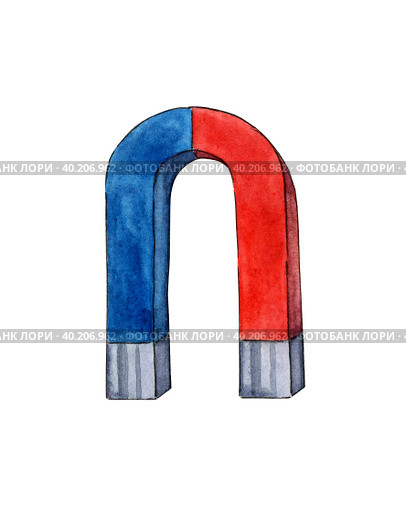 Watercolor illustration of a red and blue horseshoe magnet. U-shaped magnet icon. Magnetism, magnetization, attraction concept. Back to school. Isolated on white background. Drawn by hand. Стоковая иллюстрация, иллюстратор Андрей Золотарев / Фотобанк Лори