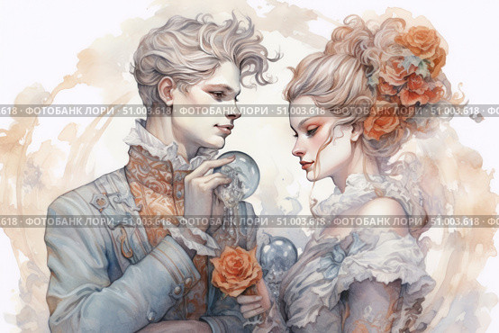 Watercolor illustration of a romantic couple in the Rococo style. A young man and woman in exquisite 18th century attire are depicted exchanging tender glances and symbolic gifts - a glass ball and a rose. Soft pastel colors, fine detailing of lace, ornaments and textures create an atmosphere of love, sophistication and historical beauty. Ideal for postcards, wedding printing, romantic stories, book covers and decorative art. Стоковое AI-изображение, AI-художник Анна Кривицкая / Фотобанк Лори