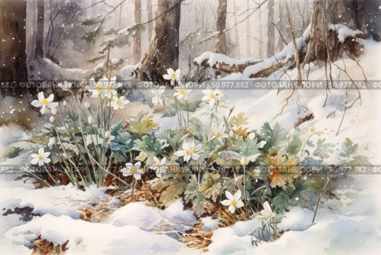 Watercolor illustration of a spring forest, where the first white flowers are breaking through the melting snow. Soft light penetrates through the tree trunks, creating an atmosphere of hope, awakening of nature and fragile beauty of life. The work is done in a delicate color scheme with high detail of leaves, petals and snow cover. Ideal for decorating postcards, calendars, books about nature, decorative prints and spring collections. Стоковое AI-изображение, AI-художник Анна Кривицкая / Фотобанк Лори