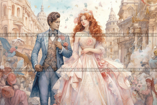 Watercolor illustration of an elegant couple in historical costumes against the backdrop of an old European city. The man in a blue tailcoat with flowers in his buttonhole, the woman in a luxurious pastel-colored dress with puffy sleeves and floral embellishments. There is a festive atmosphere around, with butterflies flying and Renaissance architecture. The image conveys romance, grace and the spirit of the past. Ideal for historical novels, theater productions, wedding materials and art projects. Стоковое AI-изображение, AI-художник Анна Кривицкая / Фотобанк Лори