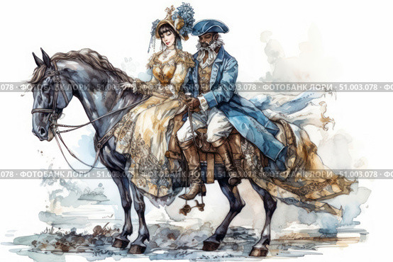 Watercolor illustration of an elegant couple in historical costumes, riding a chestnut horse. The man in a blue waistcoat and a cocked hat holds the reins, the woman in a luxurious lace dress and hat sits sideways. The image is filled with romance, Baroque or Rococo style, grace and nobility. The background is made with soft watercolor strokes, emphasizing the artistry of the scene. Suitable for themes of fashion history, retro, nobility, romance, grace and illustrative art. Стоковое AI-изображение, AI-художник Анна Кривицкая / Фотобанк Лори