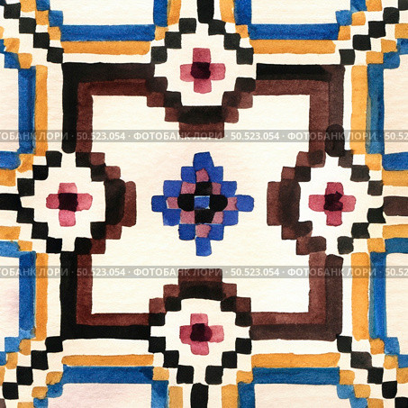 Watercolor illustration of portuguese ceramic tiles pattern. Single square tile. Стоковое фото, агентство Ingram Publishing / Фотобанк Лори