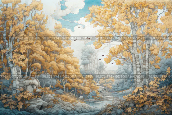 Watercolor landscape depicting an autumn forest with golden and bluish hues. Birches with yellow leaves, a rocky shore and a calm river create an atmosphere of coziness and silence. Birds soar in the sky, emphasizing the spaciousness and harmony of nature. Ideal for postcards, wall posters, book covers, nature calendars and meditative illustrations. Стоковое AI-изображение, AI-художник Анна Кривицкая / Фотобанк Лори