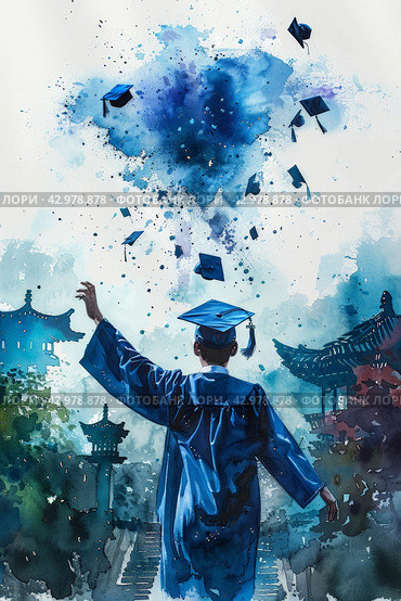 Watercolor painting of a graduate tossing cap near traditional Asian architecture. Graduation time in educational institutions. Стоковое AI-изображение, AI-художник Мария Фадеева / Фотобанк Лори