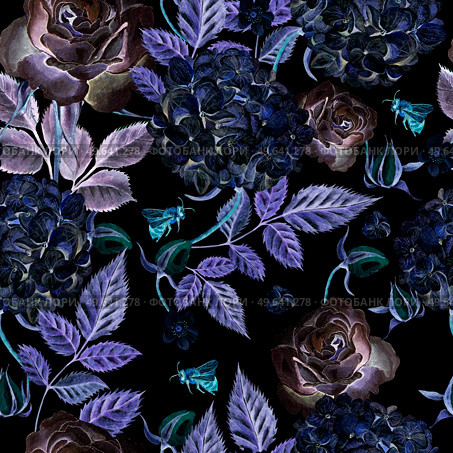 Watercolor pattern with flowers hydrangeas and roses. Illustration.. Watercolor pattern with flowers hydrangeas and roses. . Стоковое фото, агентство Ingram Publishing / Фотобанк Лори