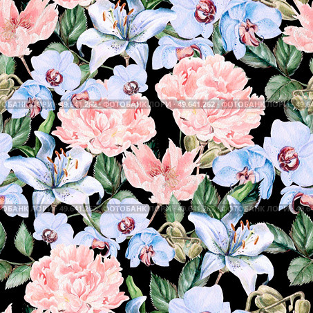 Watercolor pattern with peony flowers, lilies and orchids. Illustration. Watercolor pattern with peony flowers, lilies and orchids. Стоковое фото, агентство Ingram Publishing / Фотобанк Лори