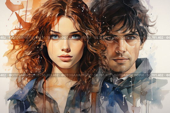 Watercolor portrait of a young woman with red wavy hair and expressive blue eyes next to a man with dark hair and a calm look. The background is made using the technique of artistic splashes and soft washes, creating a sense of movement and emotional depth. The image of the couple symbolizes romance, youth, intimacy and sensitivity. The illustration is made in a realistic style with elements of watercolor fantasy, suitable for the themes of love, relationships, fashion and art. Стоковое AI-изображение, AI-художник Анна Кривицкая / Фотобанк Лори