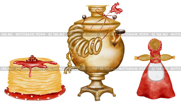 Watercolor set on Shrovetide isolated pictures on white background. Samovar with bagels and rooster, straw effigy in national Russian costume and plate with pancakes. For design of postcards and banners for Maslenitsa. Стоковая иллюстрация, иллюстратор Татьяна Трущелева / Фотобанк Лори