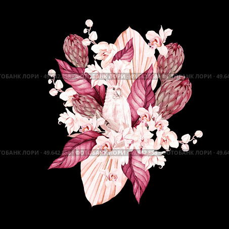Watercolor wedding bouquet with Exotic flowers, orchid, protea, parrot and palm leaves. Illustration. Watercolor wedding bouquet with Exotic flowers, orchid, protea, parrot and palm leaves. Стоковое фото, агентство Ingram Publishing / Фотобанк Лори